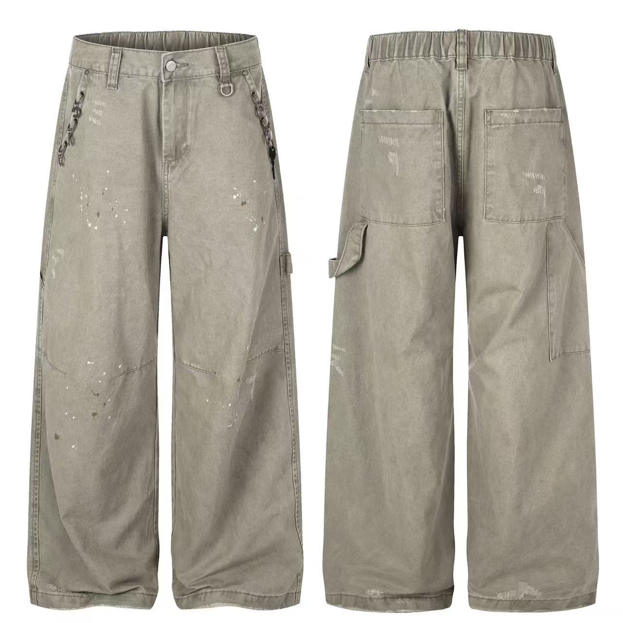Splash Paint Distressed Chain Decor Wide-Leg Cargo Pants