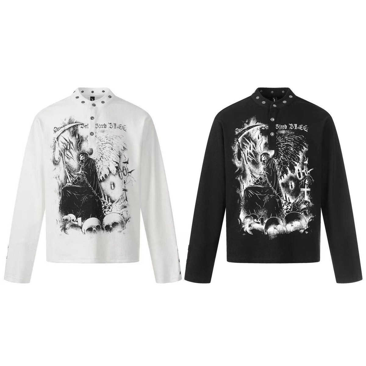 Grim Reaper Skull Print Stand Collar Henley Long Sleeve