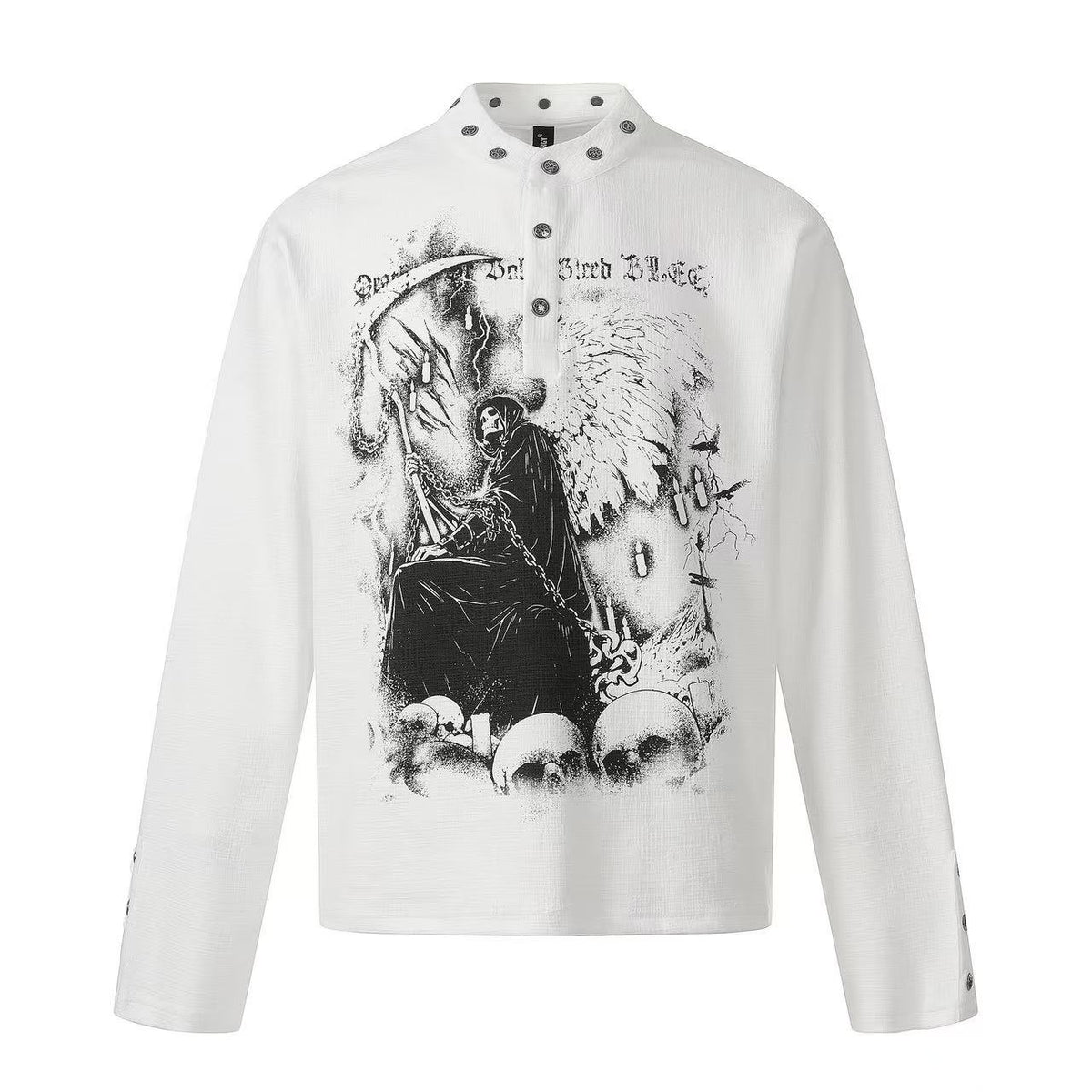 Grim Reaper Skull Print Stand Collar Henley Long Sleeve