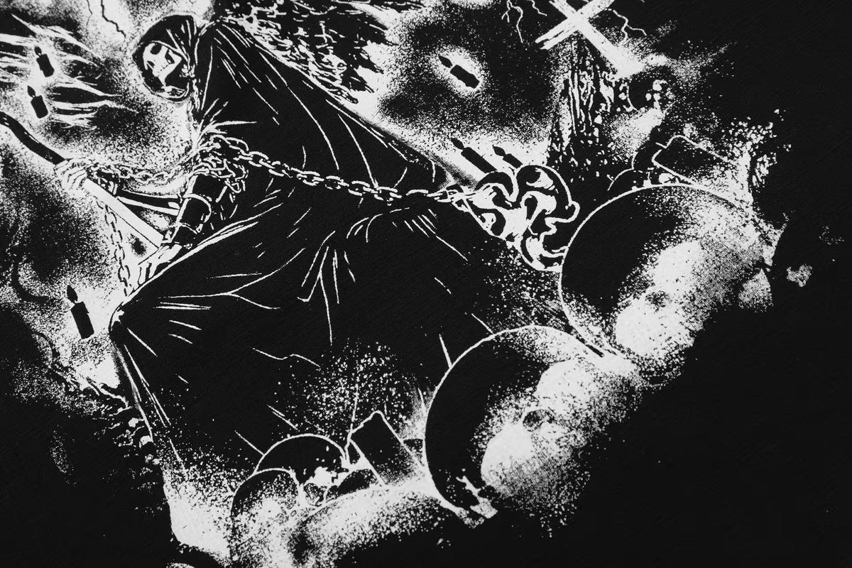 Grim Reaper Skull Print Stand Collar Henley Long Sleeve