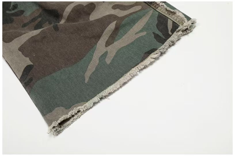 Camo Double Waist Frayed Edge Wide-Leg Cargo Pants