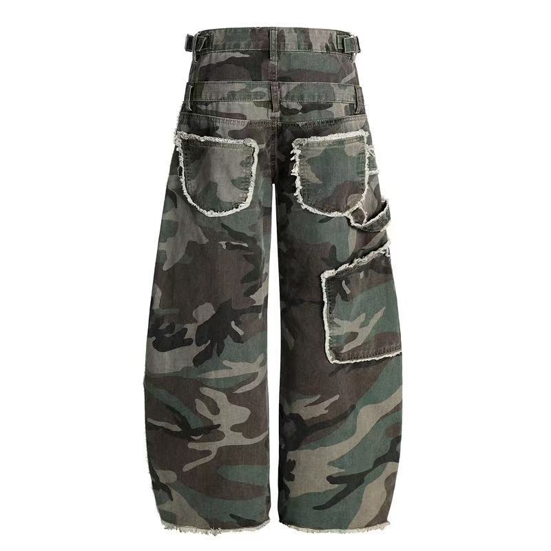 Camo Double Waist Frayed Edge Wide-Leg Cargo Pants