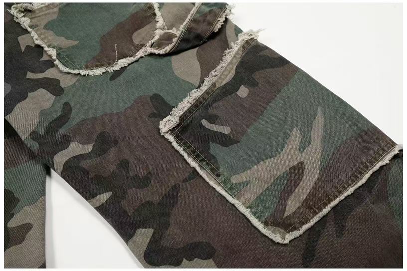 Camo Double Waist Frayed Edge Wide-Leg Cargo Pants