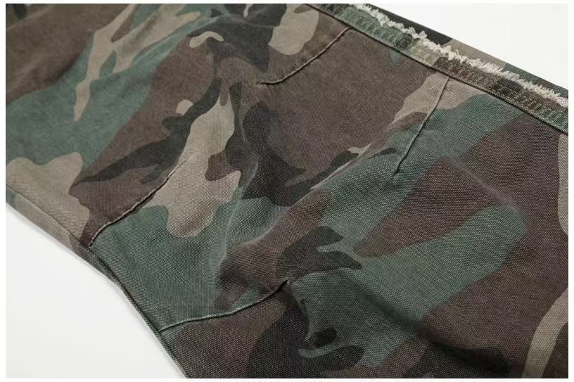 Camo Double Waist Frayed Edge Wide-Leg Cargo Pants