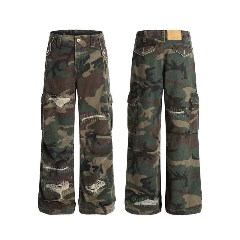 Distressed Stitch Patch Camo Wide-Leg Cargo Pants