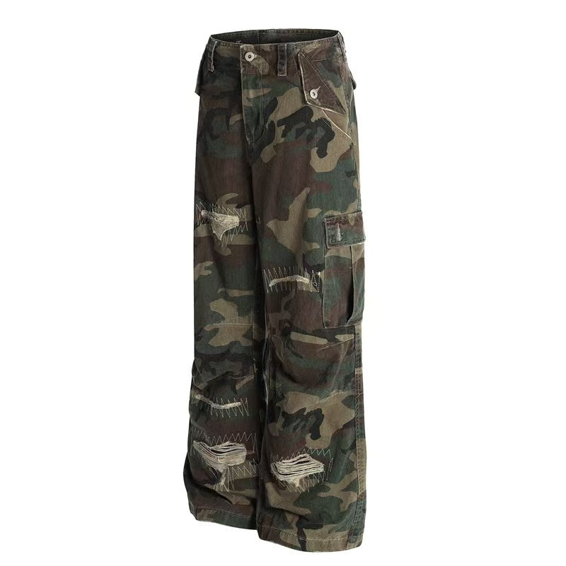 Distressed Stitch Patch Camo Wide-Leg Cargo Pants