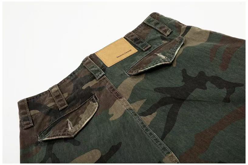 Distressed Stitch Patch Camo Wide-Leg Cargo Pants