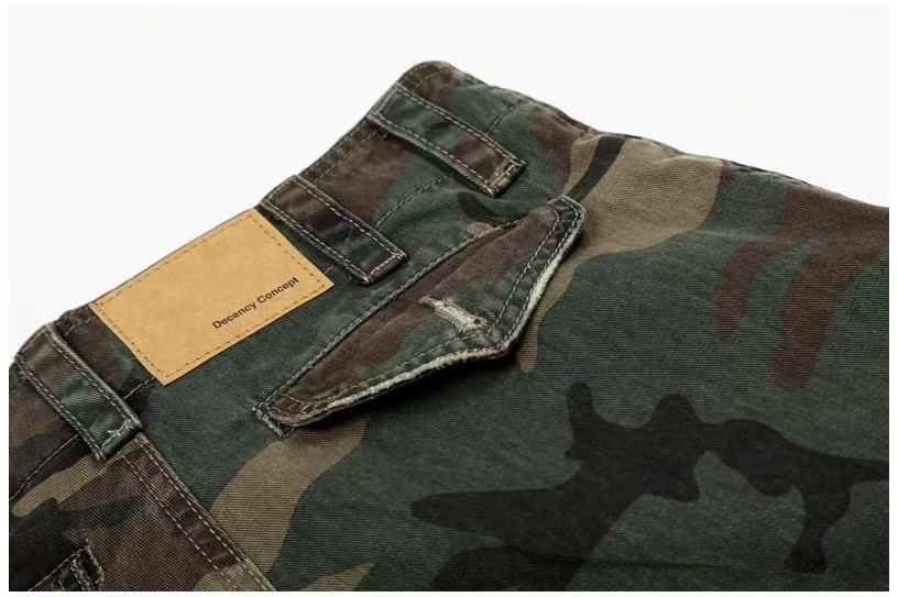 Distressed Stitch Patch Camo Wide-Leg Cargo Pants