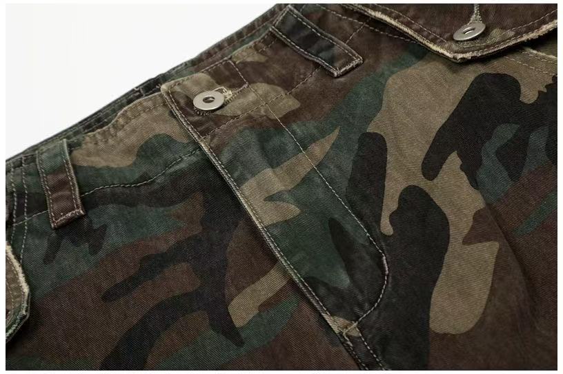 Distressed Stitch Patch Camo Wide-Leg Cargo Pants
