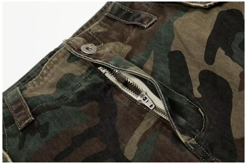 Distressed Stitch Patch Camo Wide-Leg Cargo Pants