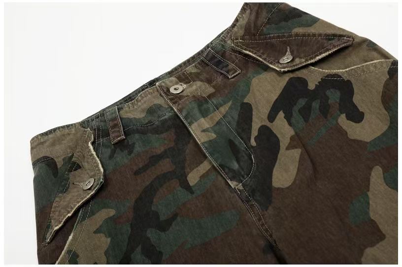 Distressed Stitch Patch Camo Wide-Leg Cargo Pants