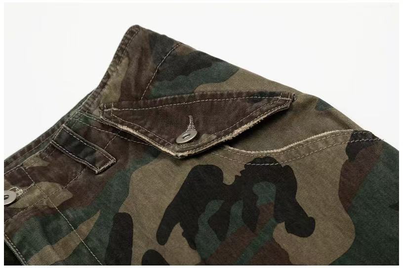 Distressed Stitch Patch Camo Wide-Leg Cargo Pants