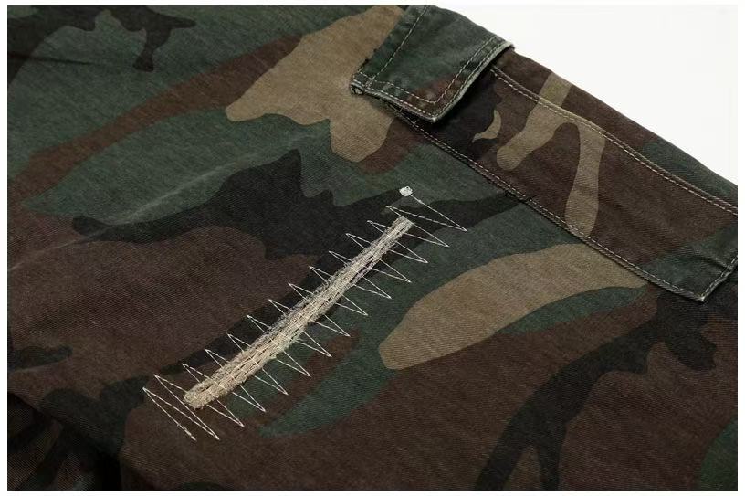 Distressed Stitch Patch Camo Wide-Leg Cargo Pants