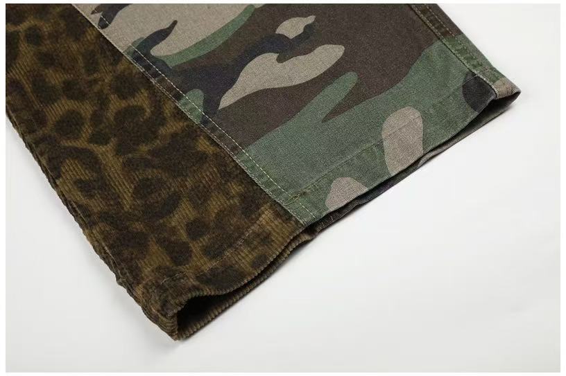 Camo Leopard Patchwork Drawstring Wide-Leg Cargo Pants