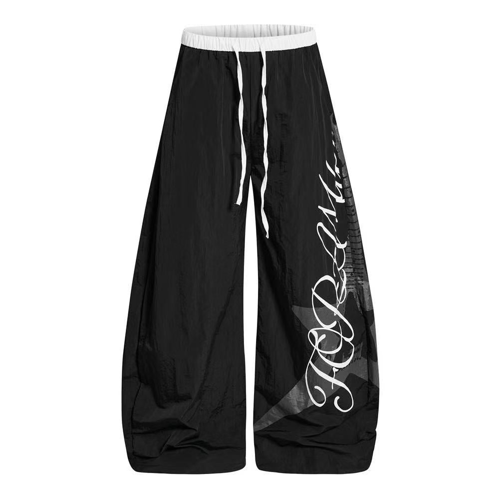 Nylon Cursive Star Print Wide-Leg Sweatpants