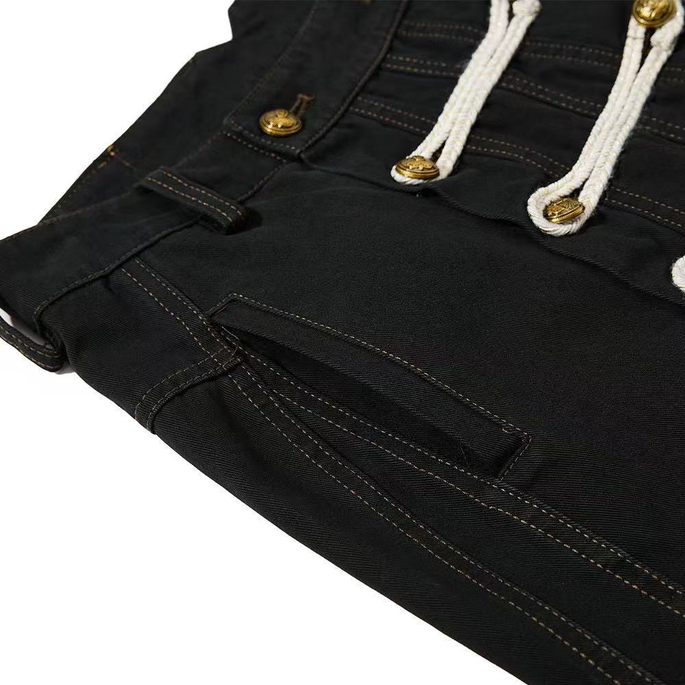 Vintage Washed Rope Lace-Up Button Wide-Leg Cargo Pants