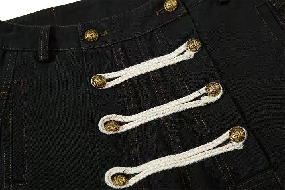 Vintage Washed Rope Lace-Up Button Wide-Leg Cargo Pants