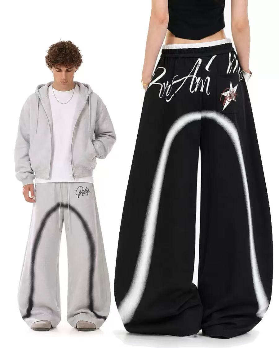 Spray-Paint Curve Graphic Baggy Wide-Leg Sweatpants