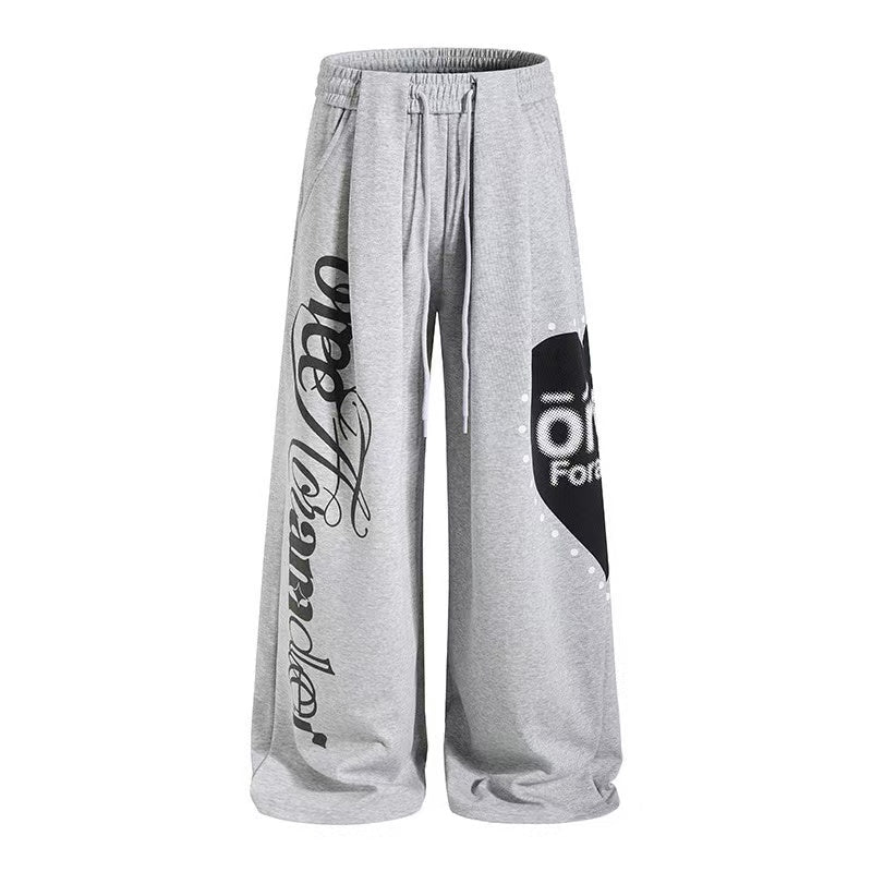 Side Heart & Cursive Text Print Wide-Leg Sweatpants