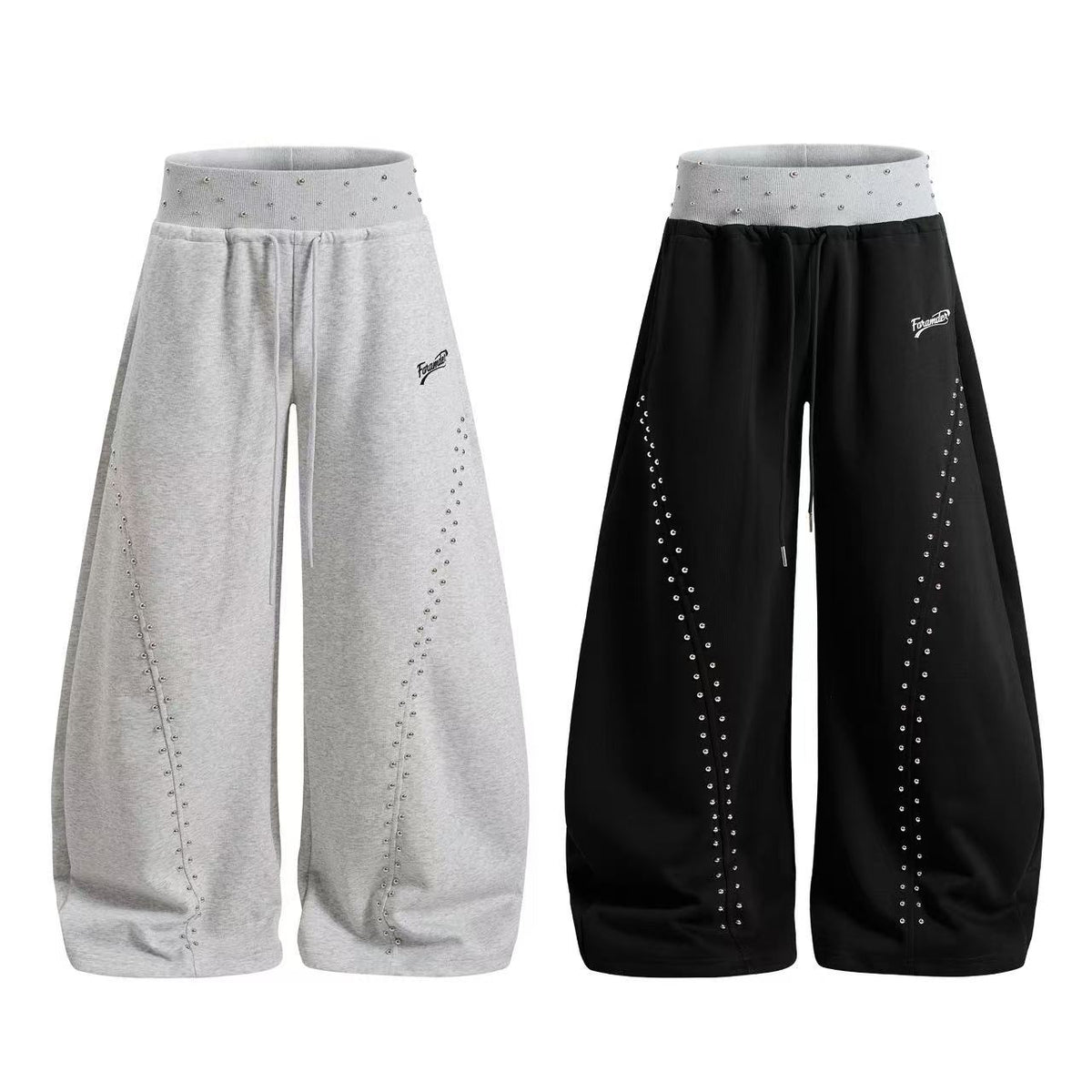 Rhinestone Studded Side Seam Arc Wide-Leg Sweatpants