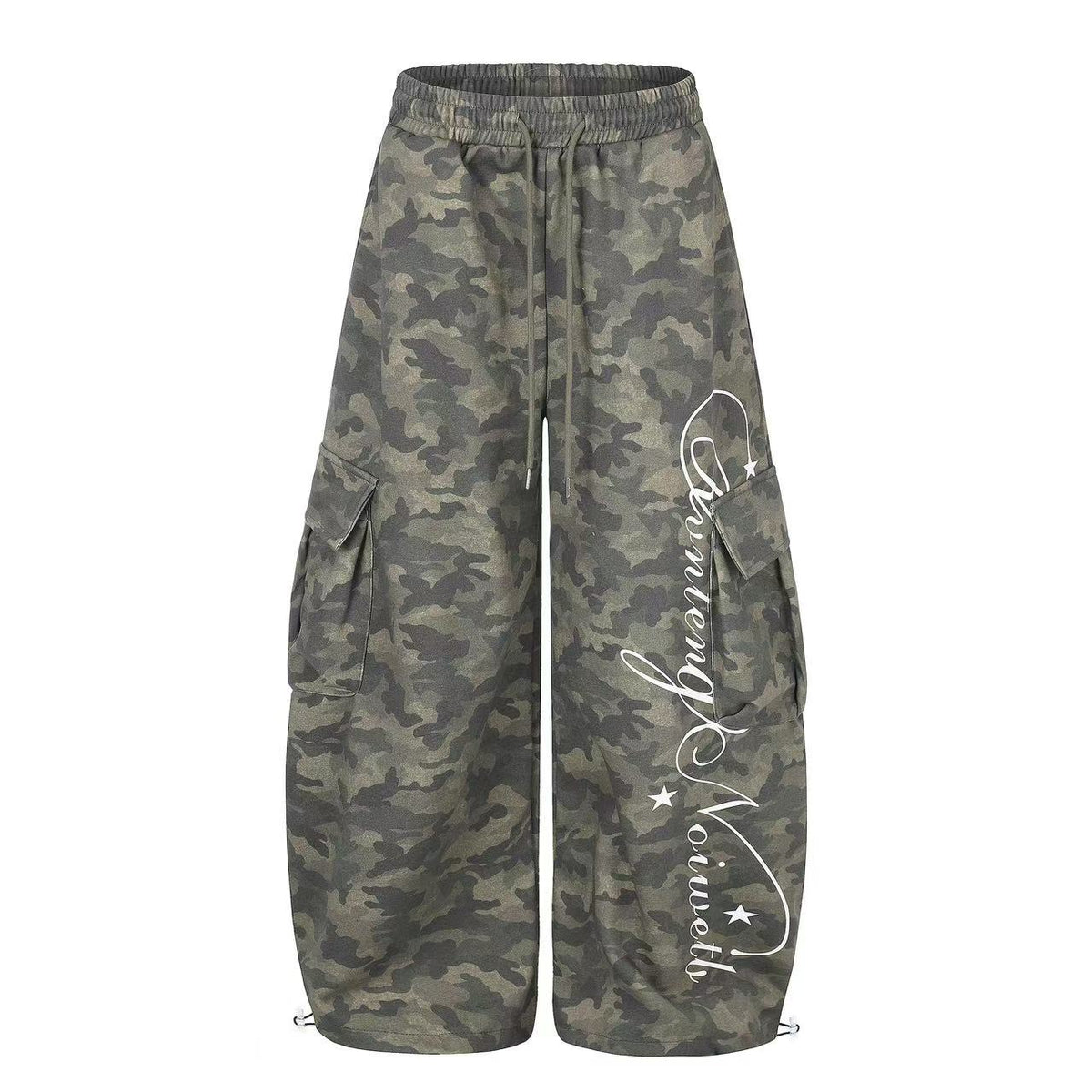 Camo Cursive Script Print Wide-Leg Sweatpants
