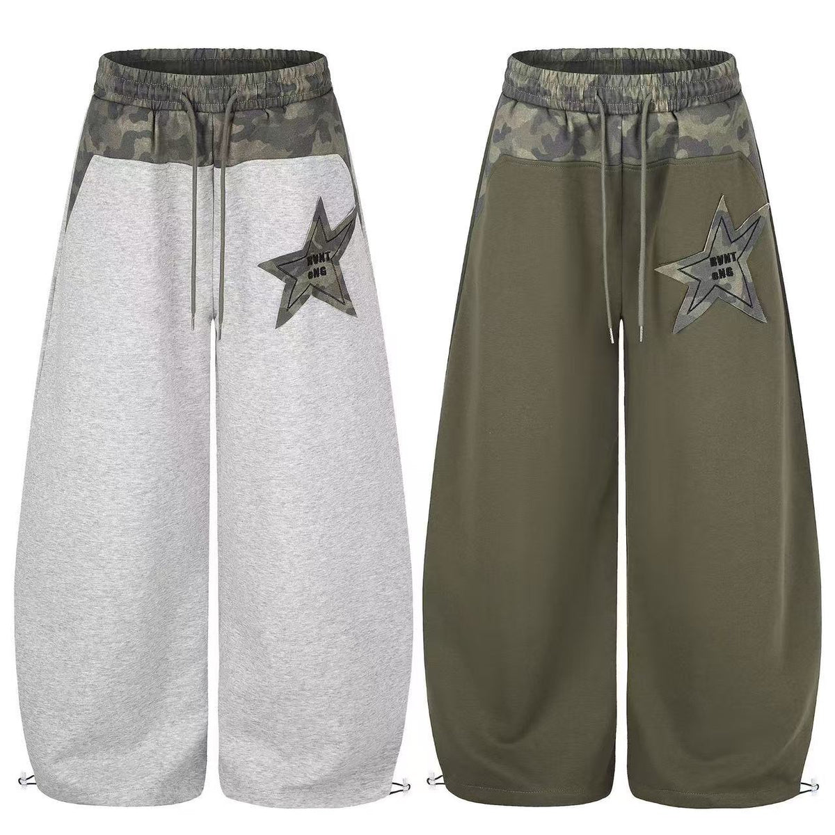 Color Block Camo Waist Yoke & Star Patch Wide-Leg Sweatpants
