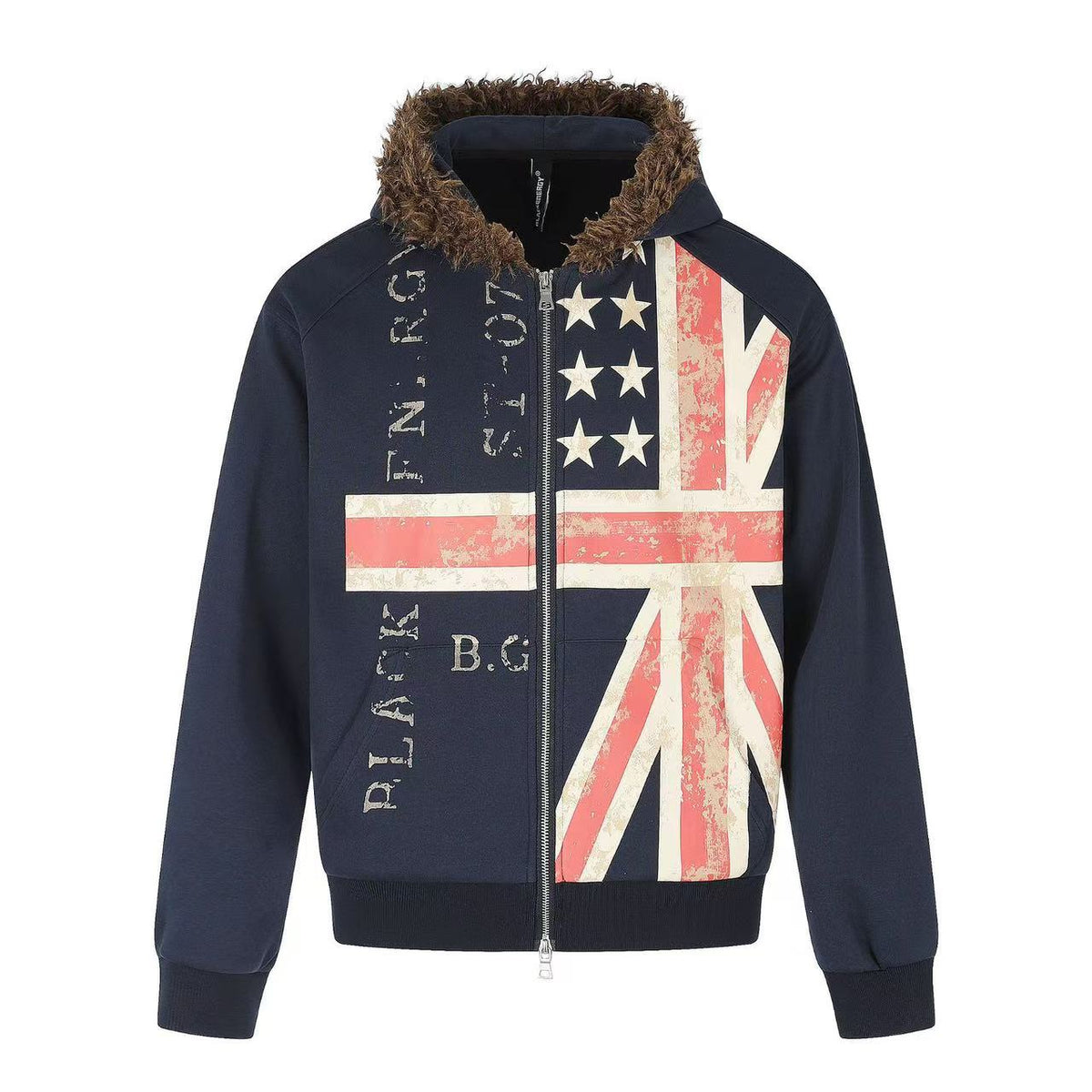 Vintage Union Flag Faux Fur Hooded Zip Up Jacket