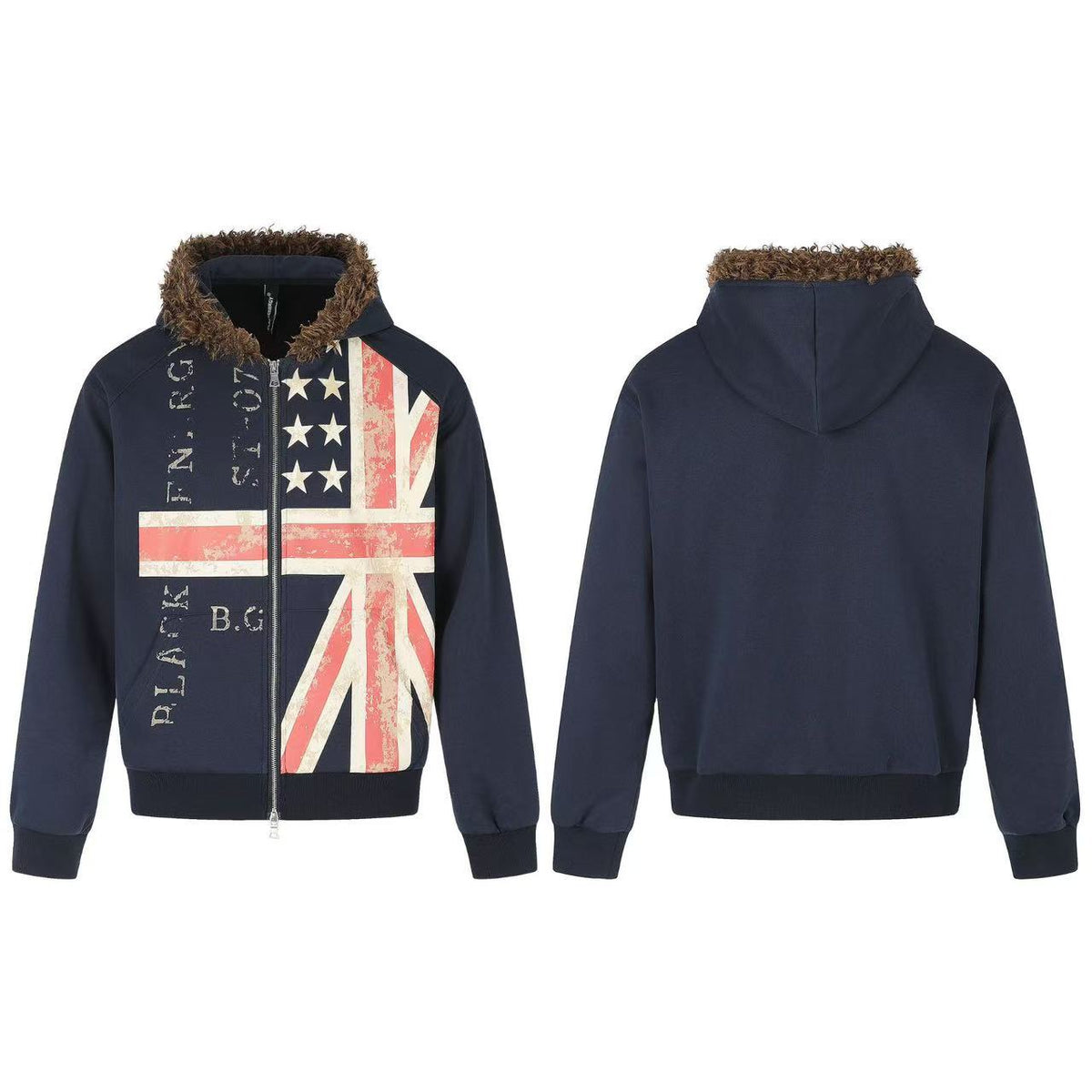 Vintage Union Flag Faux Fur Zip Up Hooded
