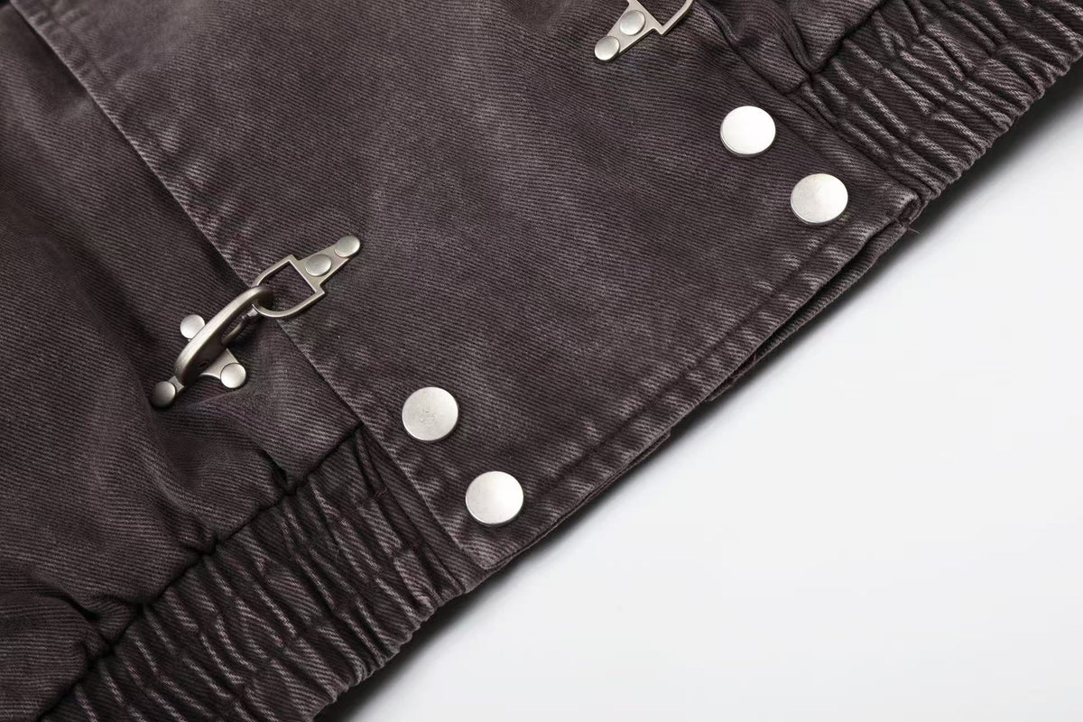 Washed Vintage Metal Buckle Hooded Cropped Jacket