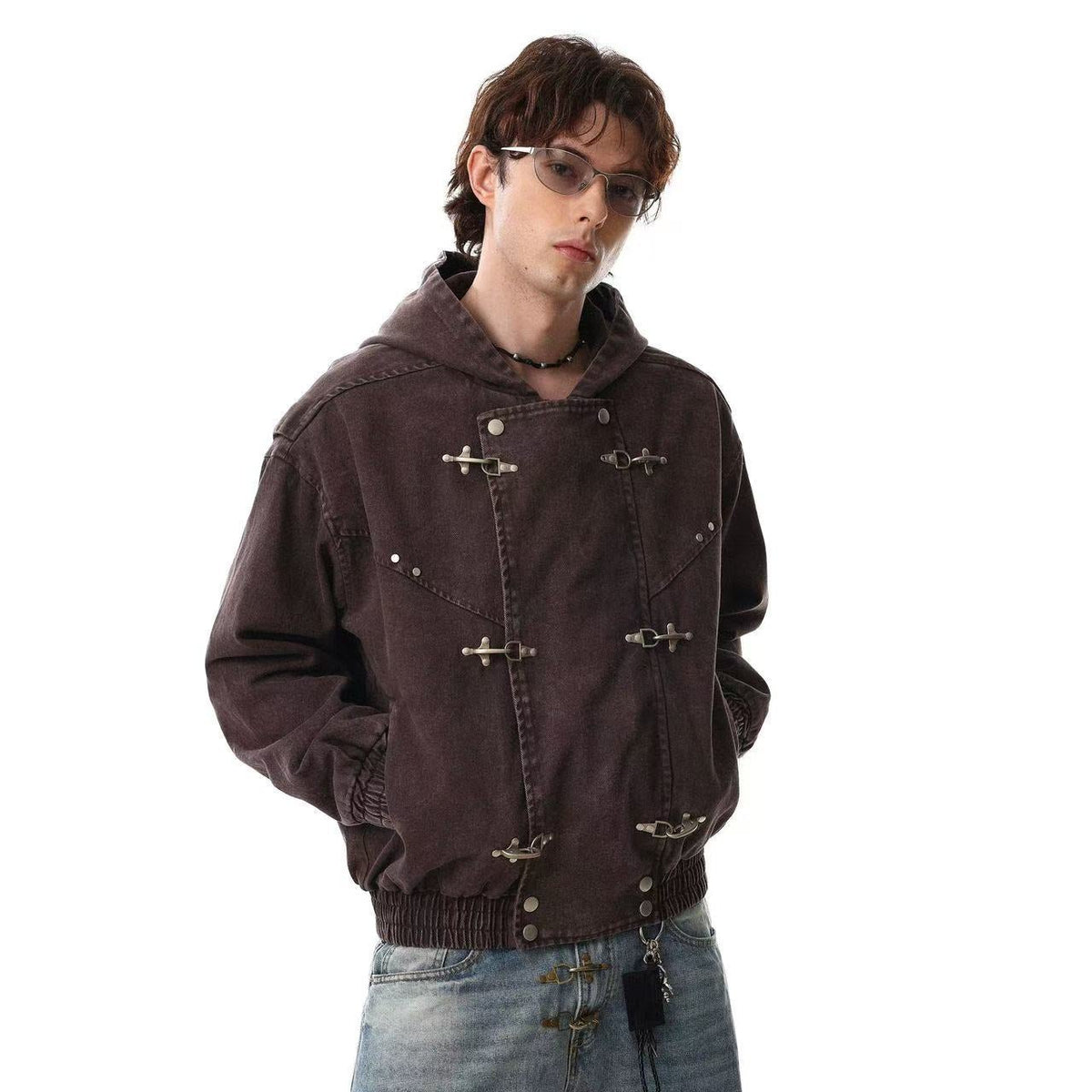 Washed Vintage Metal Buckle Hooded Cropped Jacket