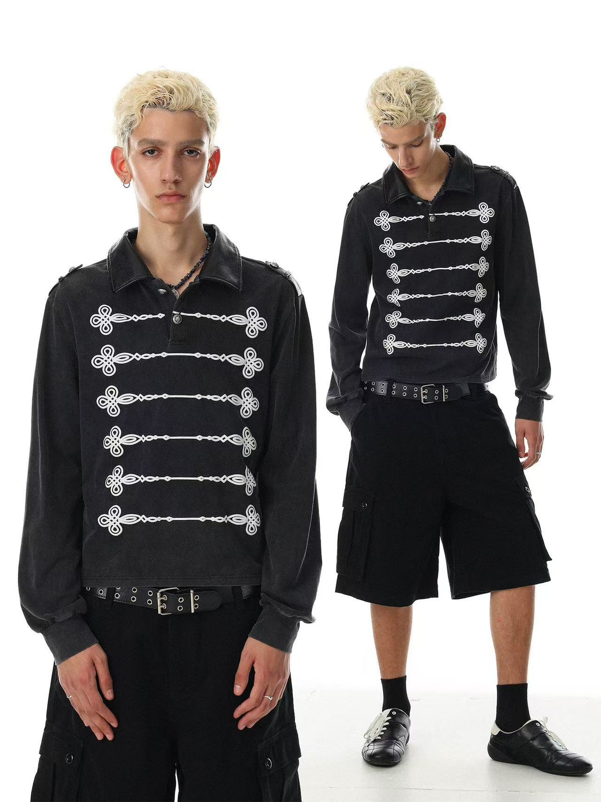 Wash Military Rope Print Long Sleeve Polo