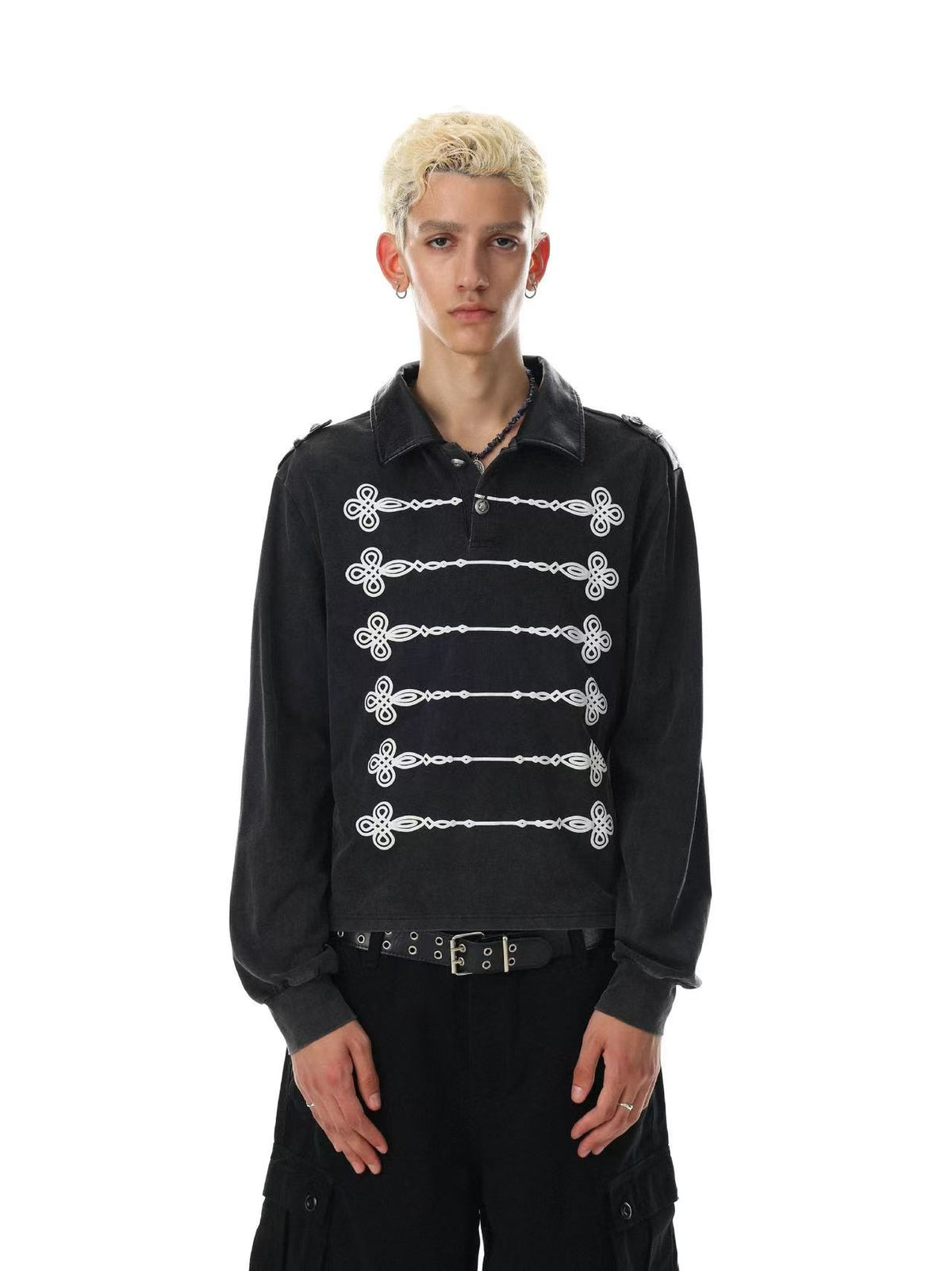 Wash Military Rope Print Long Sleeve Polo