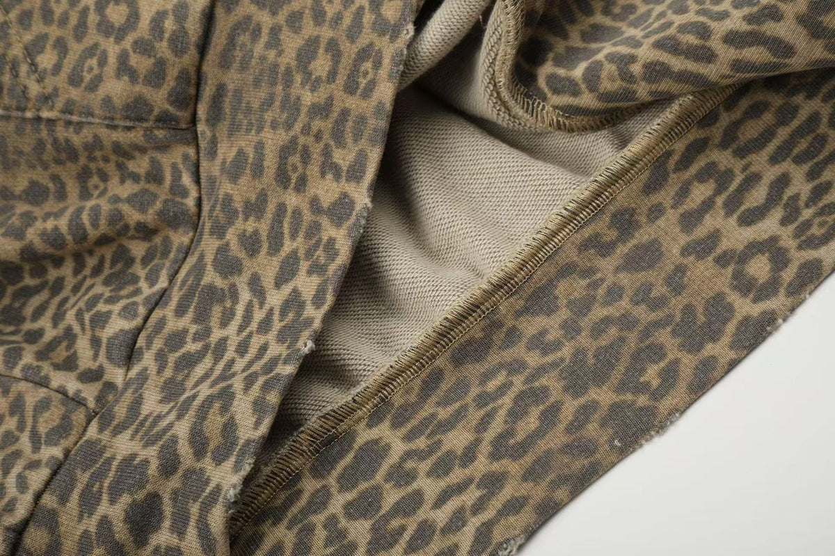 Vintage Leopard Print Distressed Letter Graphic Zip-Up Hoodie,