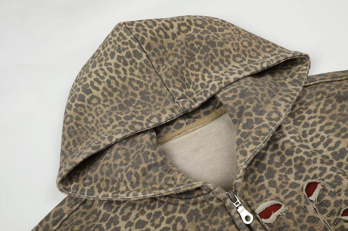 Vintage Leopard Print Distressed Letter Graphic Zip-Up Hoodie,