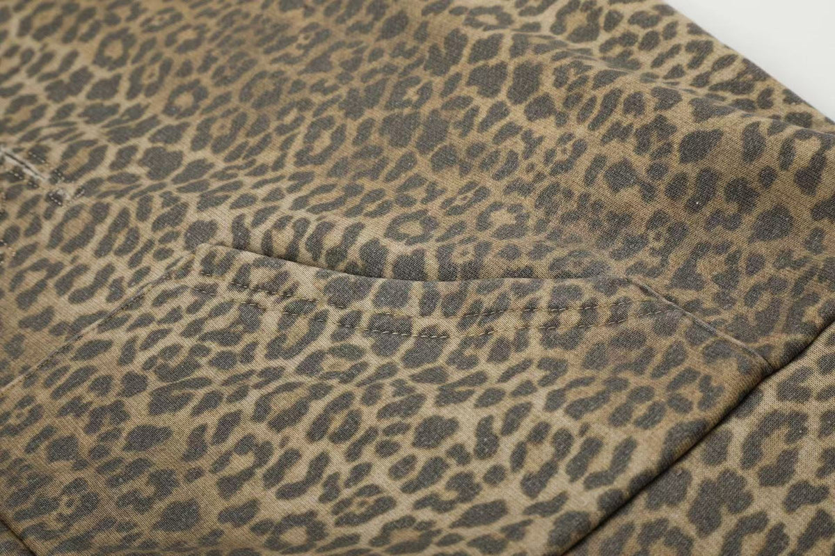 Vintage Leopard Print Distressed Letter Graphic Zip-Up Hoodie,