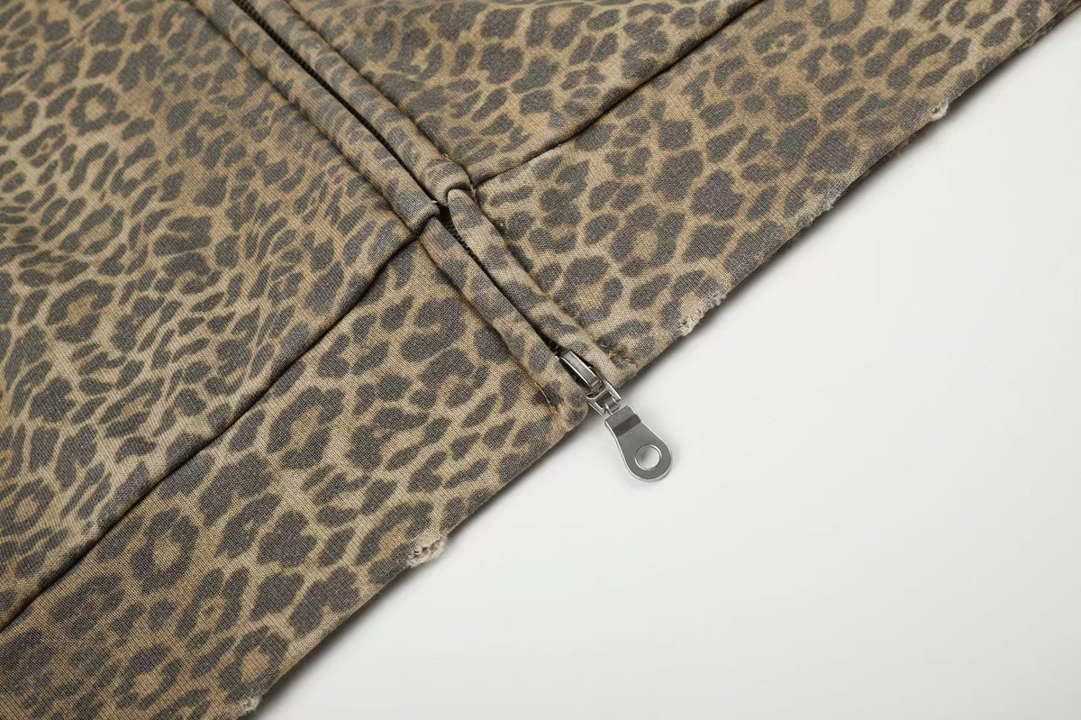 Vintage Leopard Print Distressed Letter Graphic Zip-Up Hoodie,
