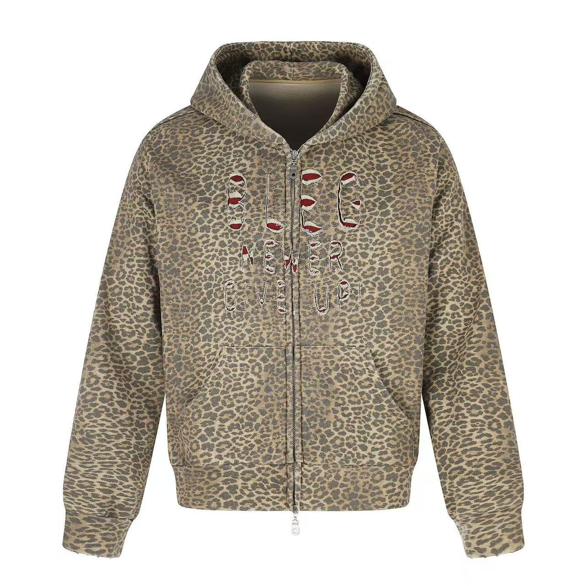 Vintage Leopard Print Distressed Letter Graphic Zip-Up Hoodie,