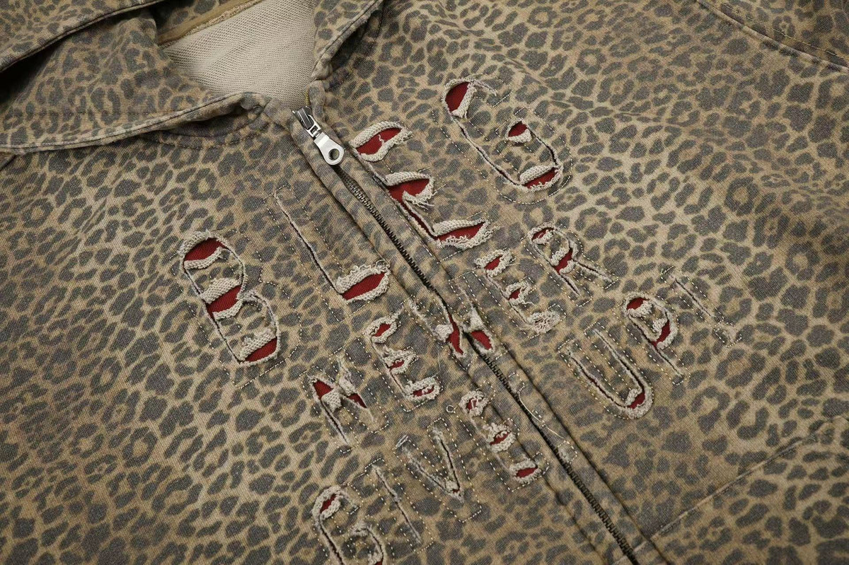 Vintage Leopard Print Distressed Letter Graphic Zip-Up Hoodie,