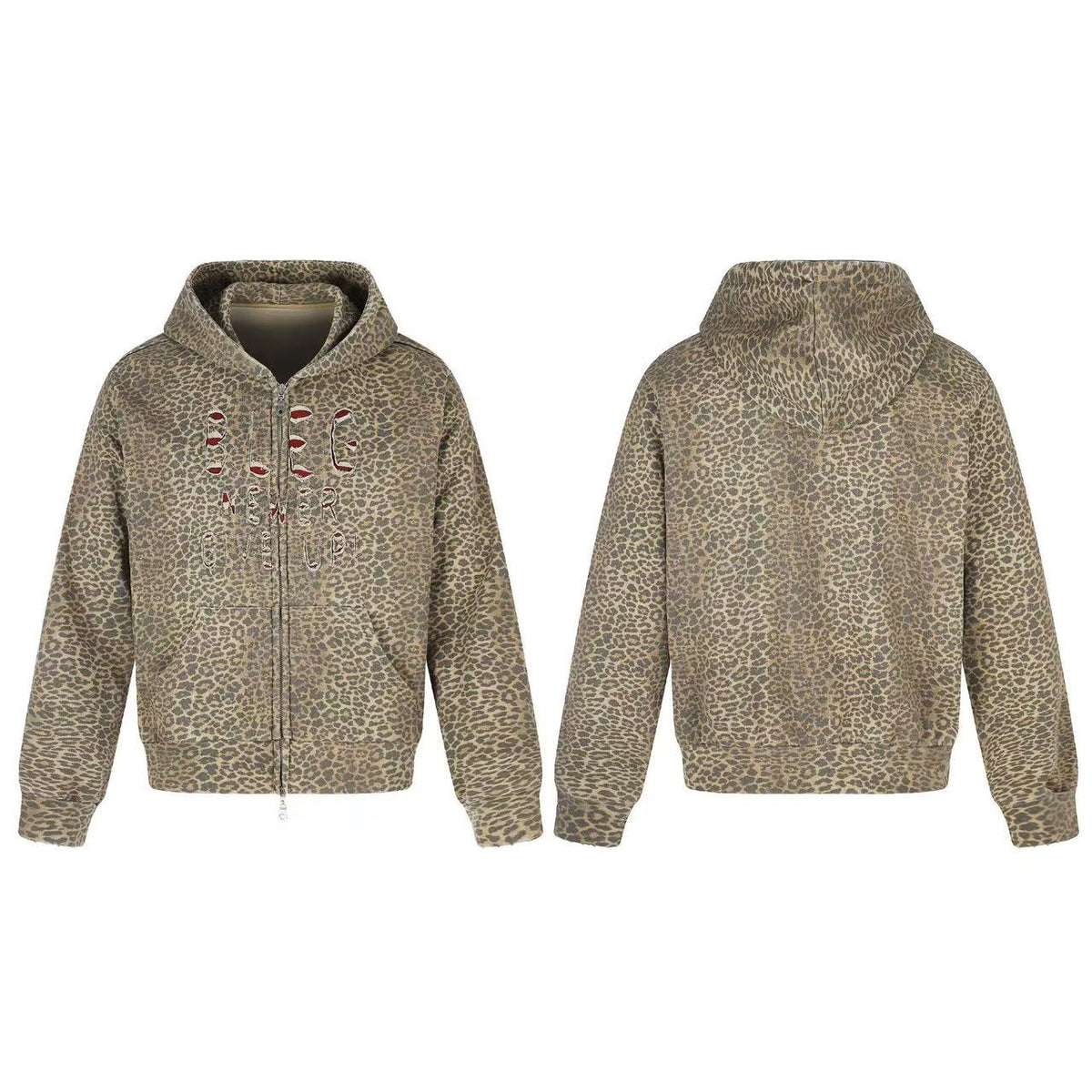 Vintage Leopard Print Distressed Letter Graphic Zip-Up Hoodie,