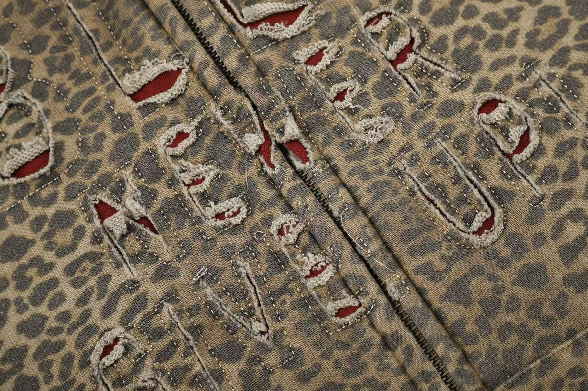 Vintage Leopard Print Distressed Letter Graphic Zip-Up Hoodie,