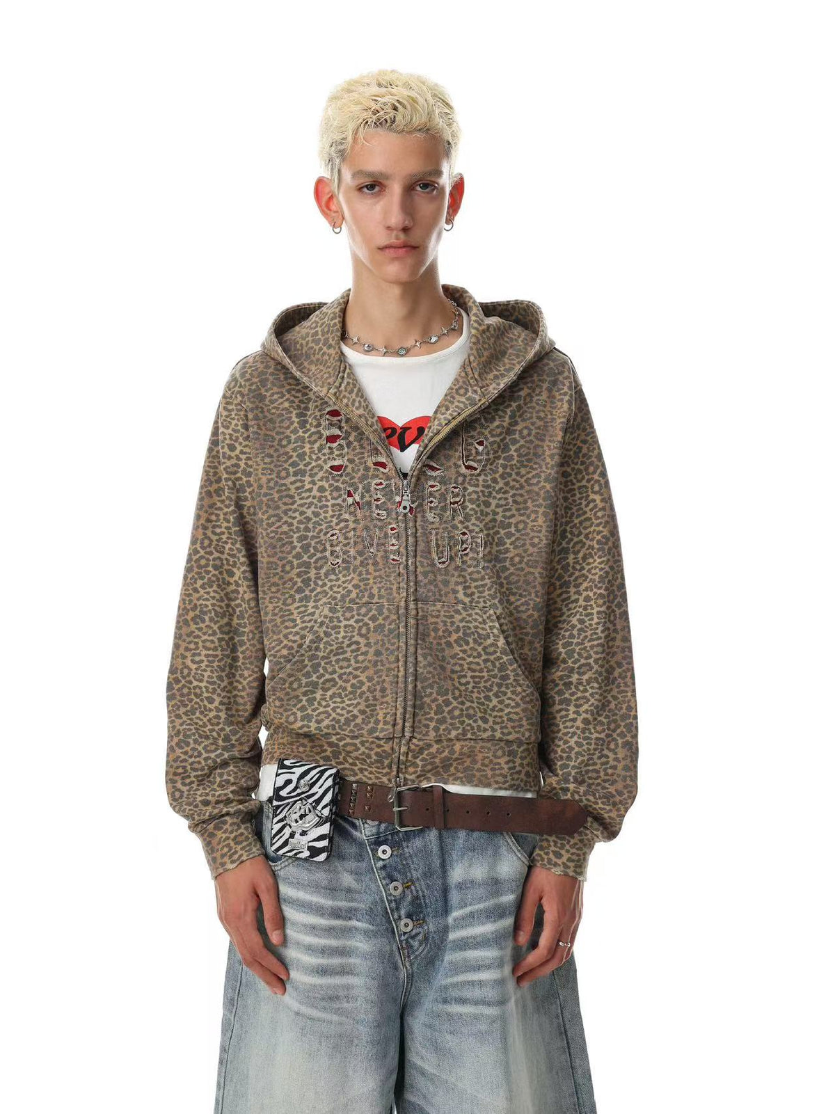 Vintage Leopard Print Distressed Letter Graphic Zip-Up Hoodie,