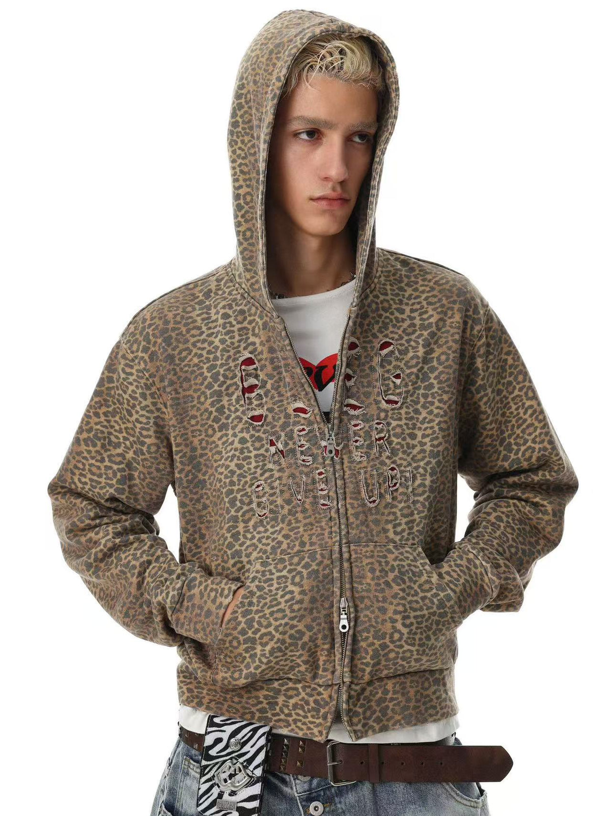 Vintage Leopard Print Distressed Letter Graphic Zip-Up Hoodie,