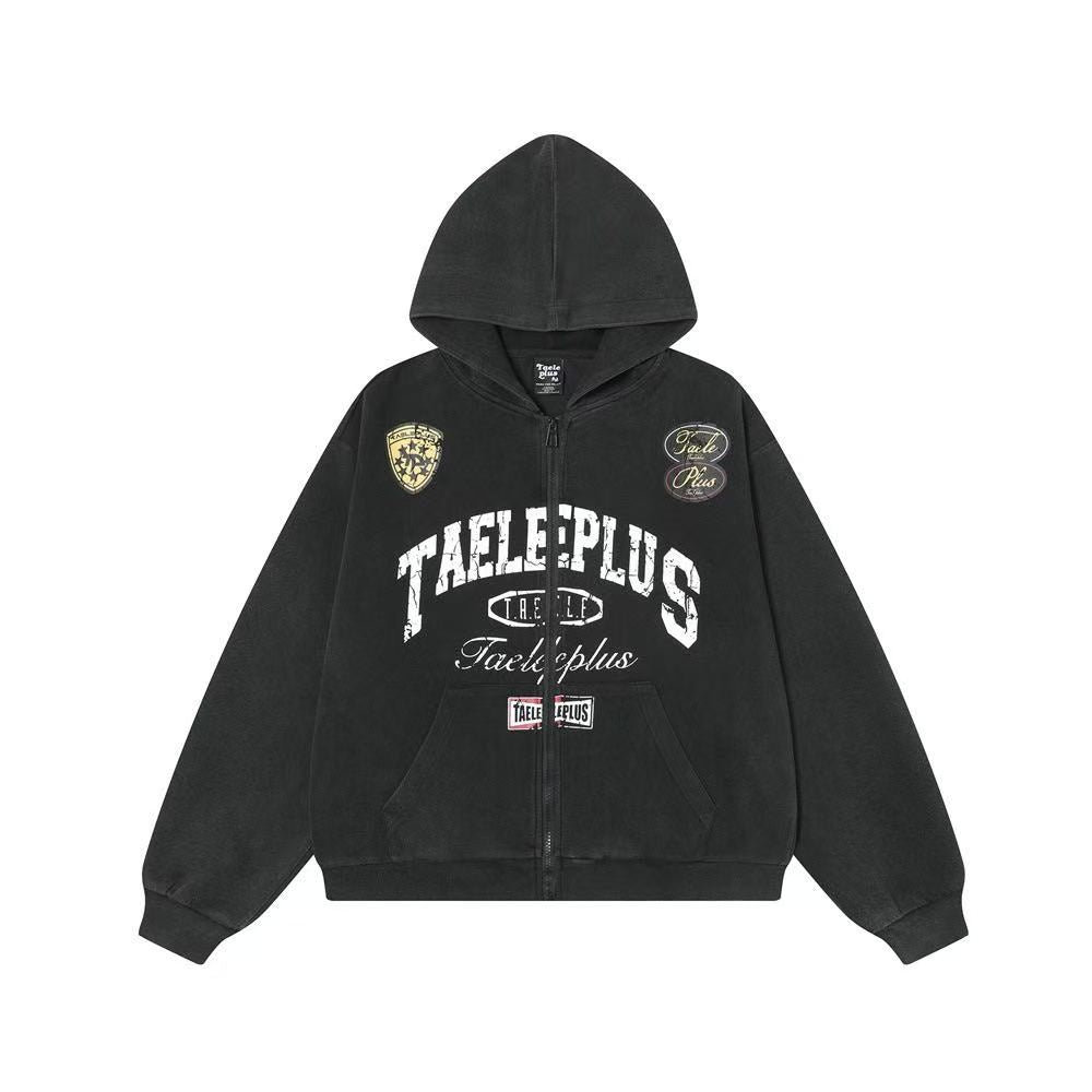 Vintage Graphic Lettering & Patch Details Zip-Up Hoodie
