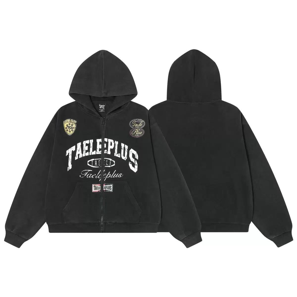 Vintage Graphic Lettering & Patch Details Zip-Up Hoodie