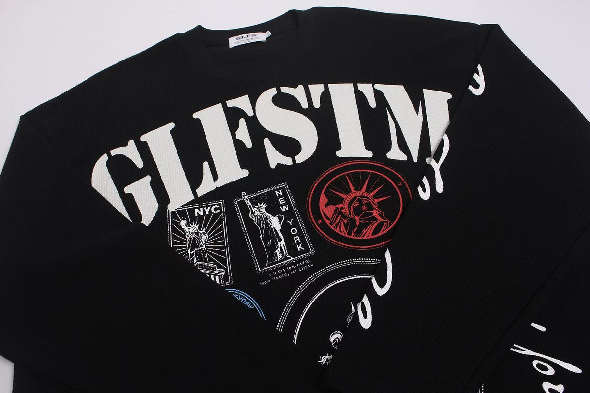 Vintage NYC Stamp Statue of Liberty Graphic Waffle Knit Long Sleeve