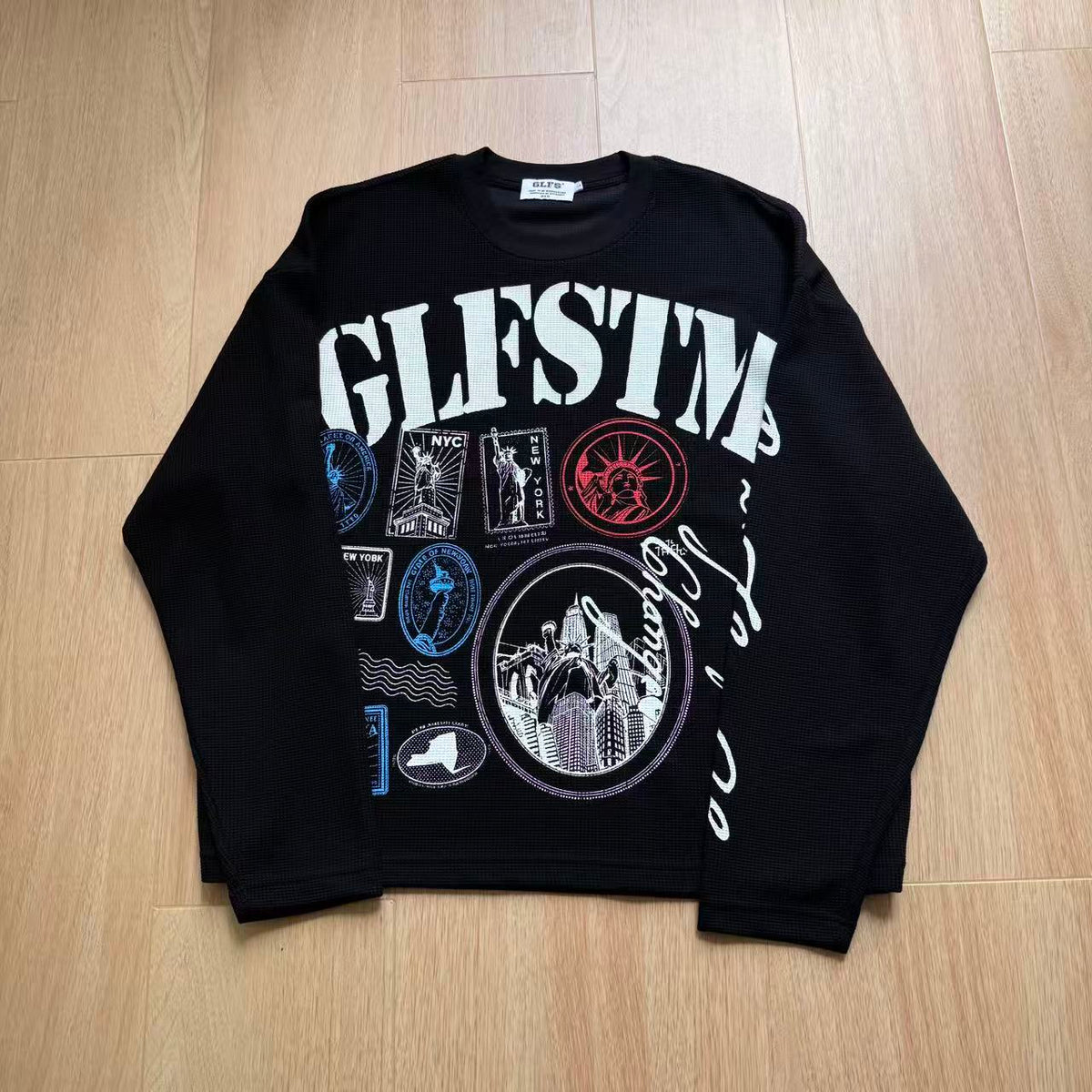 Vintage NYC Stamp Statue of Liberty Graphic Waffle Knit Long Sleeve