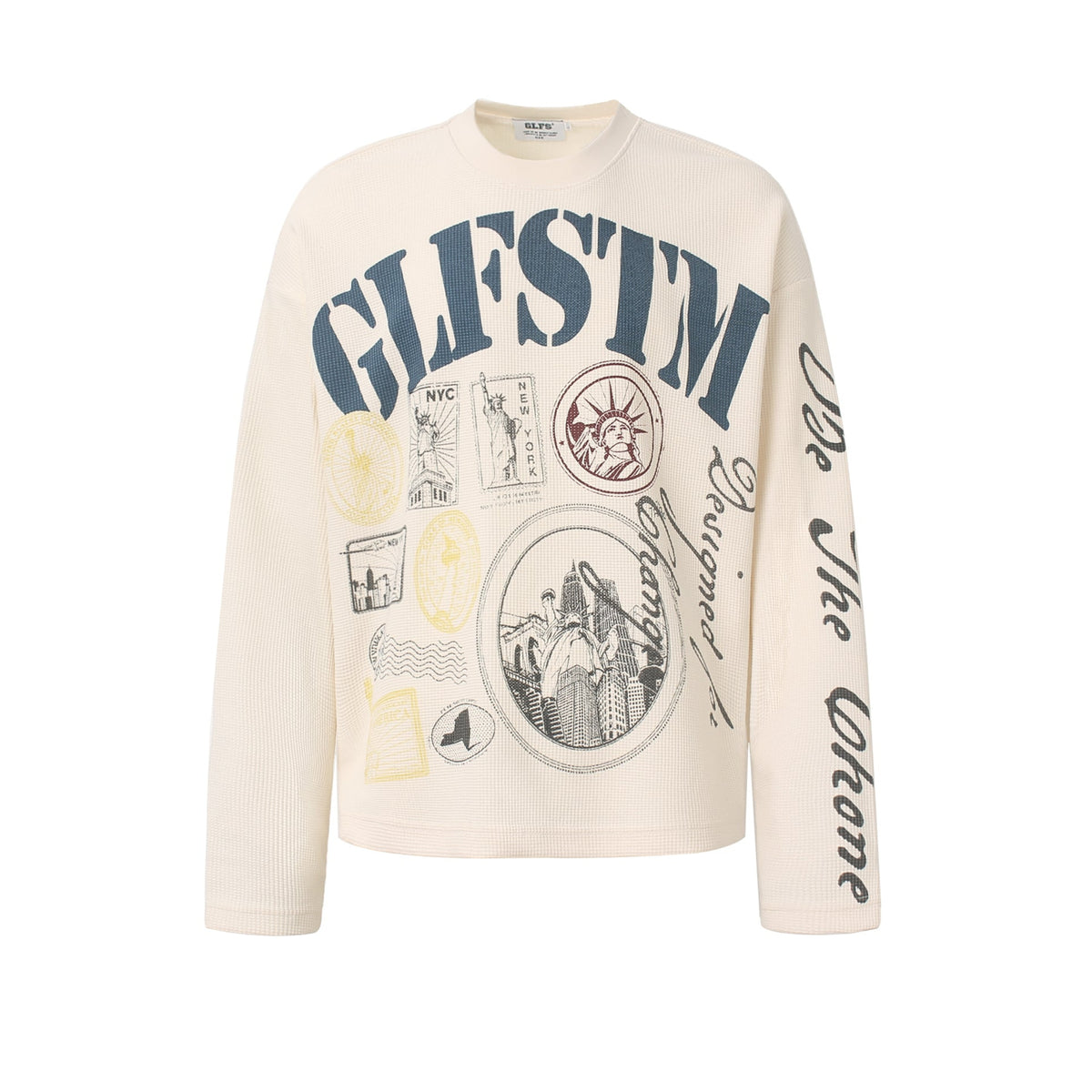 Vintage NYC Stamp Statue of Liberty Graphic Waffle Knit Long Sleeve