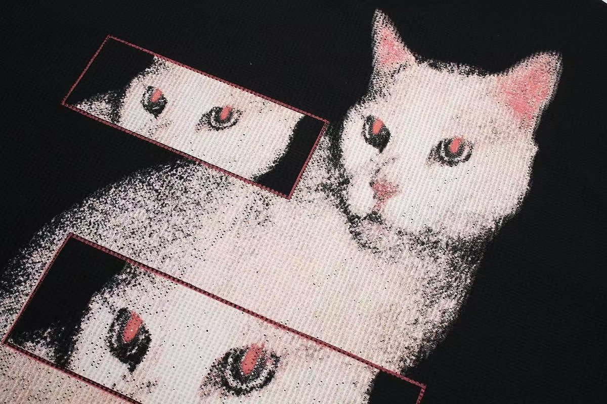 Distorted Cat Graphic Waffle Knit Long Sleeve