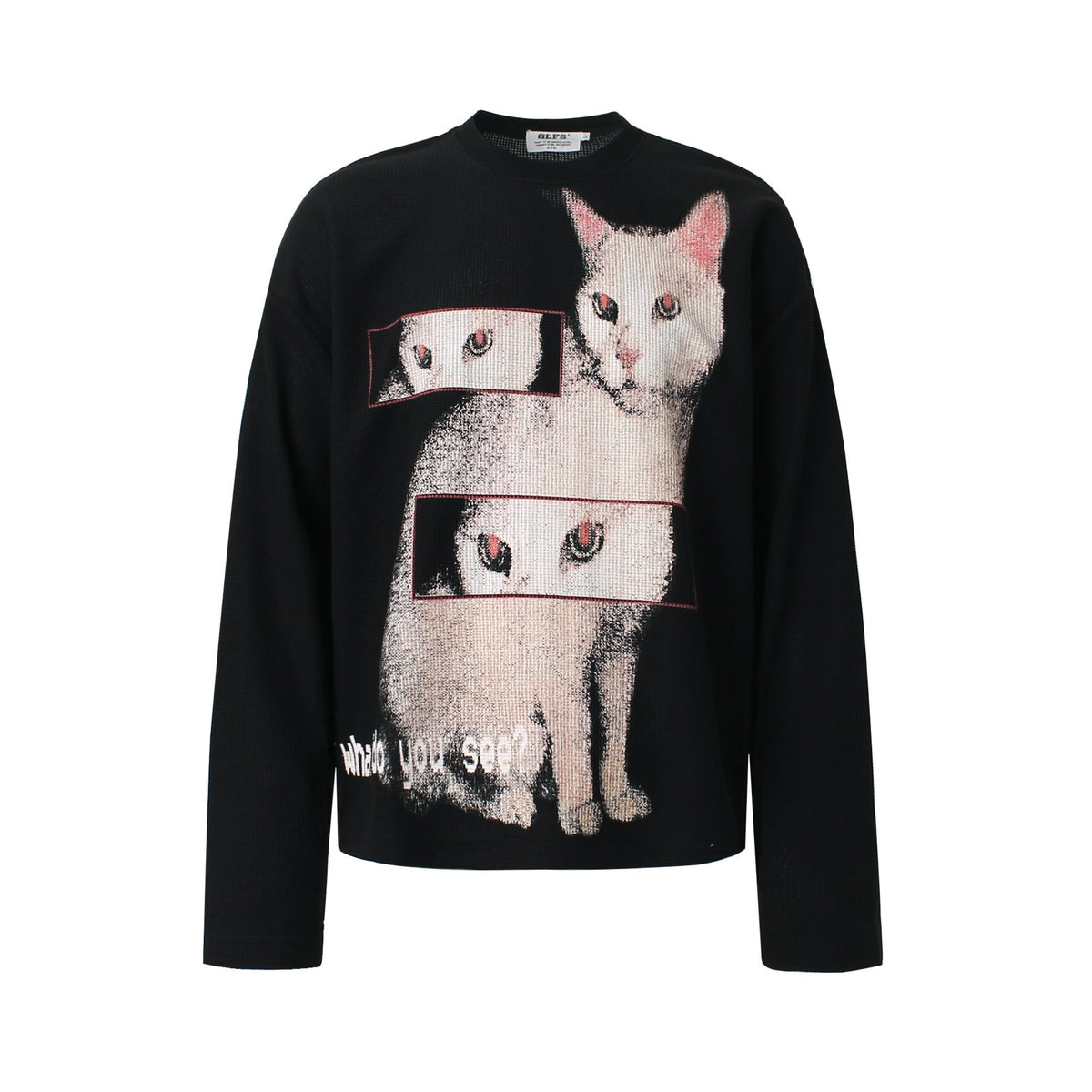 Distorted Cat Graphic Waffle Knit Long Sleeve