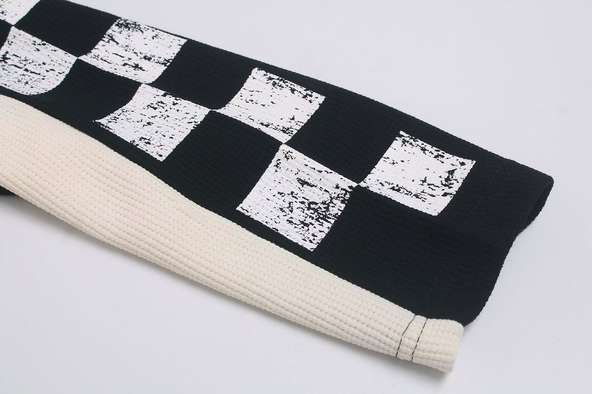 Color Block Skeleton Horse Racing Graphic Waffle Knit Long Sleeve